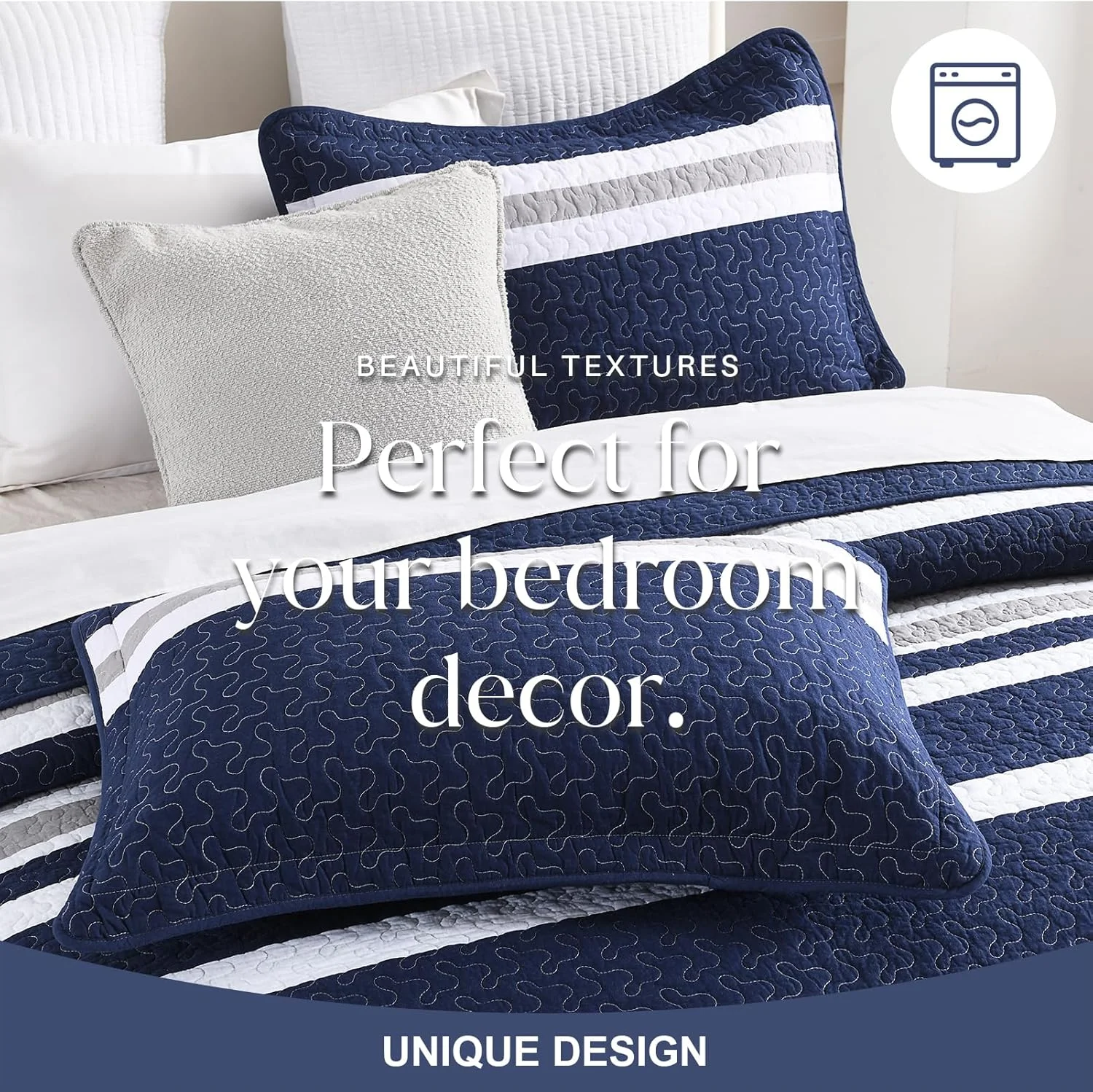 روتختی کینگ پنبه‌ای فاین استیچری سایز 305x305 سانتی‌متر - ست لحاف بزرگ با روبالشتی، روانداز تخت خواب راه راه سرمه‌ای آبی سبک وزن، روکش لحاف مدرن دو رو، 3 تکه