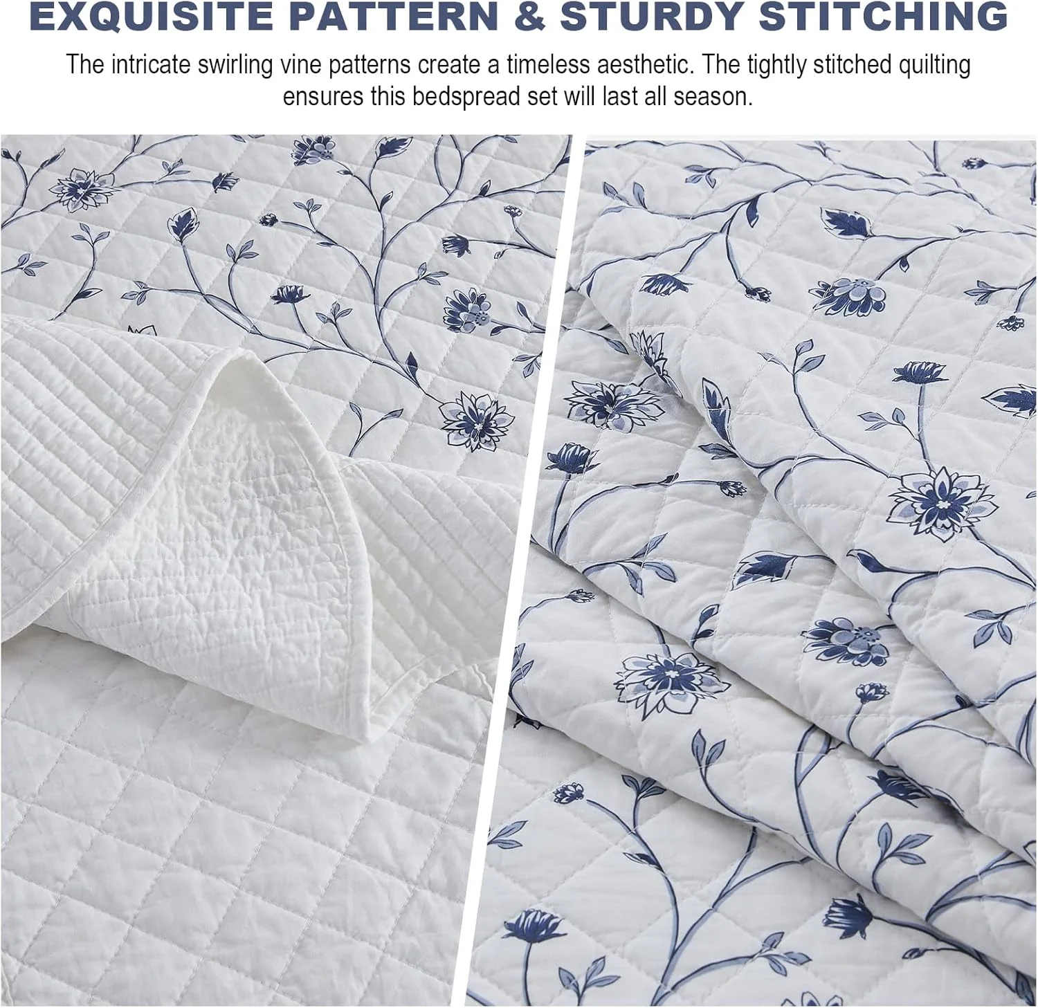 روتختی گلدار فاین استیچری سایز کینگ، لحاف روتختی بزرگ 305x305، ست روتختی 100% پنبه آبی و سفید با روبالشتی، لحاف نازک سبک وزن و نرم، 3 تکه روتختی گلدار فاین استیچری سایز کینگ، لحاف روتختی بزرگ 305x305، ست روتختی 100% پنبه آبی و سفید با روبالشتی، لحاف نازک سبک وزن و نرم، 3 تکه