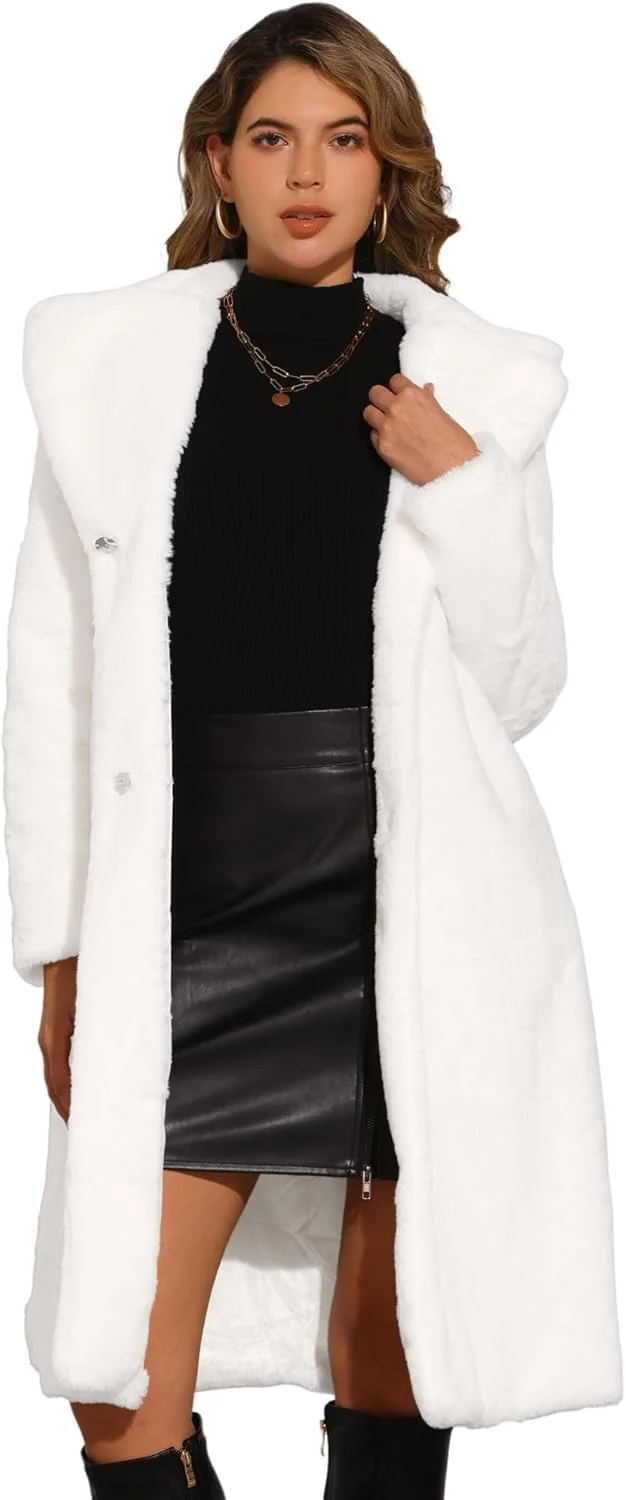 الگرا کی، کت زمستانی بلند گرم زنانه با یقه برگردان، کمربند و جلوی باز، ژاکت خز مصنوعی پف دار