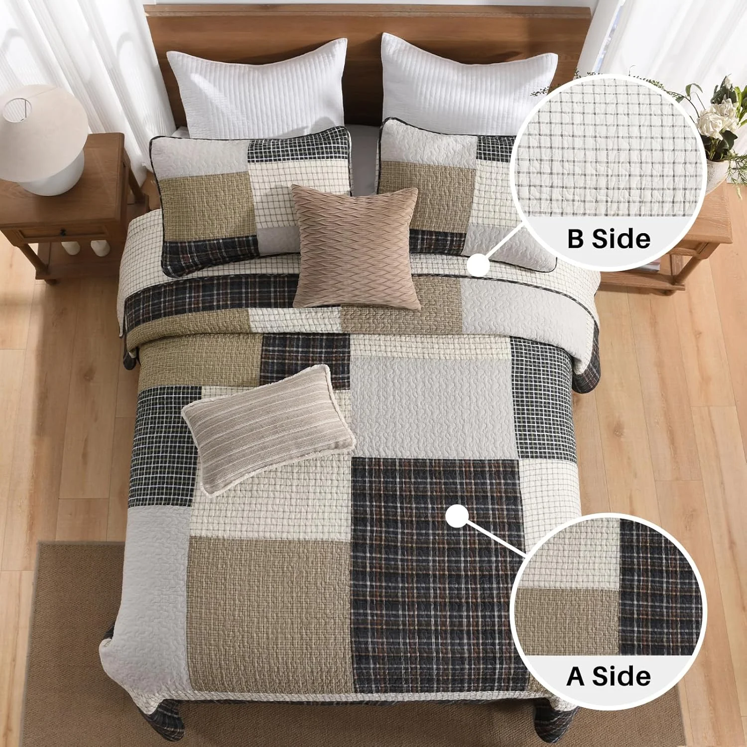 روتختی بزرگ فاین استیچری 305x259 سانتی متر، ست روتختی لحافی تکه دوزی 100% پنبه ای کوئین همراه با روبالشتی، روکش لحافی سبک وزن طرح خانه روستایی، قهوه ای/بژ/خاکستری