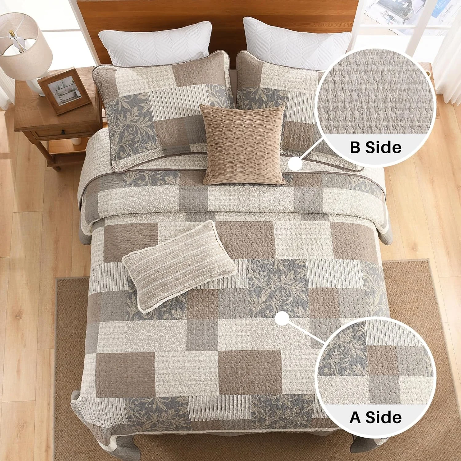 روتختی کینگ سایز بزرگ طرح مزرعه فاین استیچری 305x305 سانتی متر، لحاف بزرگ چهارخانه 100% پنبه به همراه 2 روبالشتی، رو تختی سبک وزن دو طرفه، خاکستری/بژ/قهوه ای