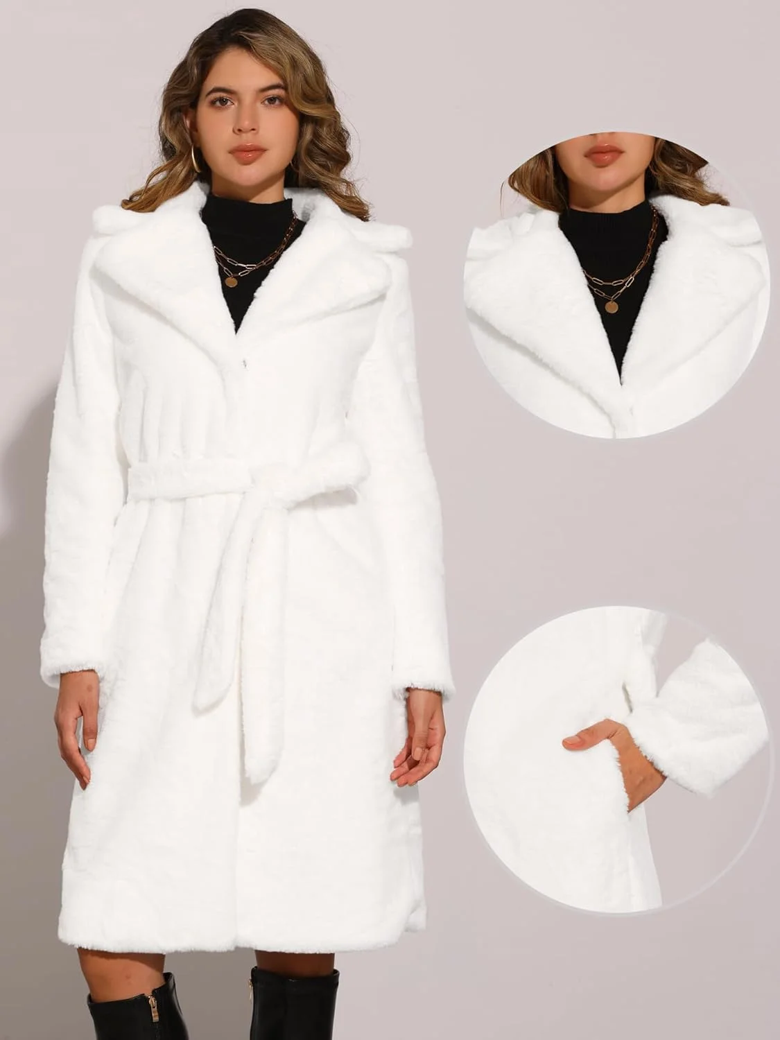 الگرا کی، کت زمستانی بلند گرم زنانه با یقه برگردان، کمربند و جلوی باز، ژاکت خز مصنوعی پف دار الگرا کی، کت زمستانی بلند گرم زنانه با یقه برگردان، کمربند و جلوی باز، ژاکت خز مصنوعی پف دار