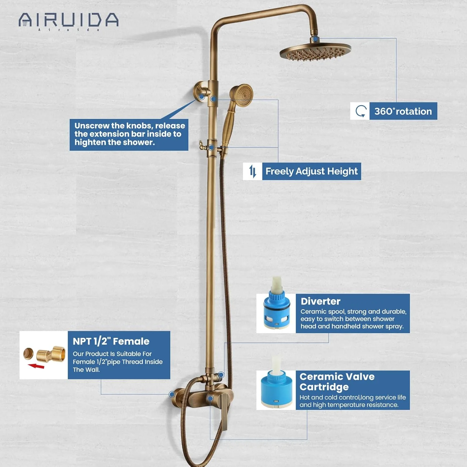 ست شیر دوش روکار برنجی عتیقه Airuida، شیرآلات دوش تک دستگیره، سر دوش بارانی 8 اینچی، شیر دوش قابل تنظیم، میله دوش مدرن، مجموعه ترکیبی دو منظوره ست شیر دوش روکار برنجی عتیقه Airuida، شیرآلات دوش تک دستگیره، سر دوش بارانی 8 اینچی، شیر دوش قابل تنظیم، میله دوش مدرن، مجموعه ترکیبی دو منظوره