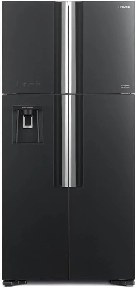 یخچال ساید بای ساید 4 درب پریمیوم هیتاچی با ظرفیت ناخالص 760 لیتر و خالص 540 لیتر، یخچال بدون برفک، سیستم خنک کننده دوگانه، یخساز چرخشی متحرک، شیشه ای خاکستری - مدل RW760PUK74GGR