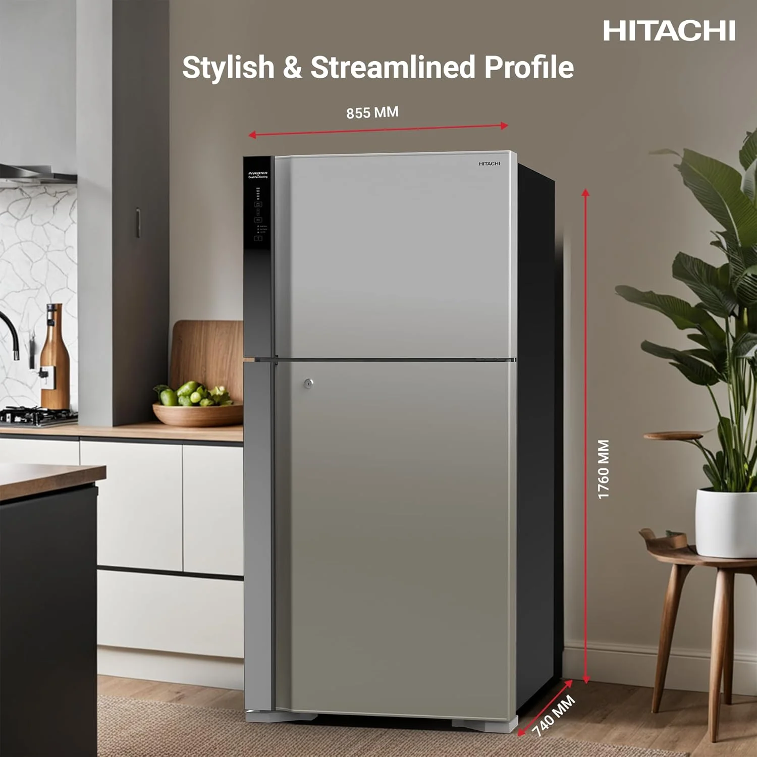 یخچال فریزر دوقلوی هیتاچی مدل RV715PUK7KPSV با ظرفیت ناخالص 715 لیتر و ظرفیت خالص 510 لیتر، مجهز به سیستم خنک کننده دوگانه، کنترل لمسی، یخساز چرخشی و رنگ نقره ای پریمیوم