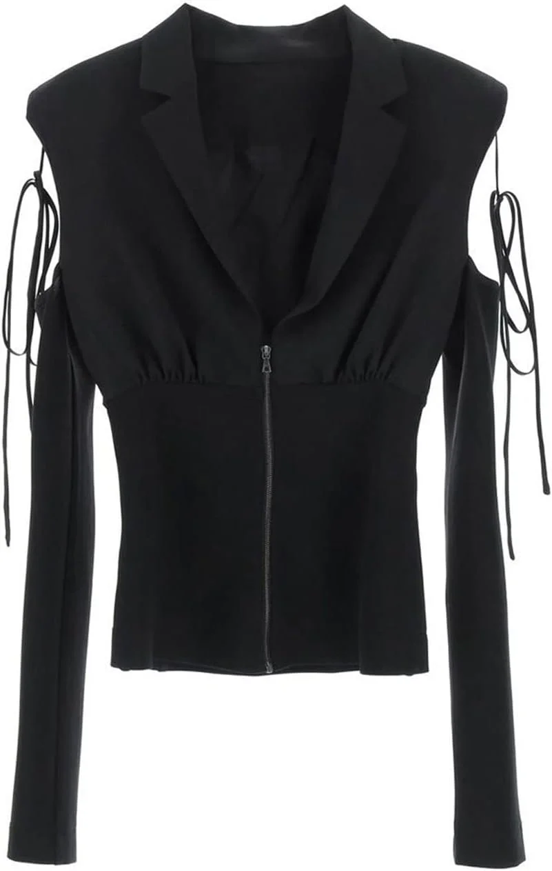 تاپ آستین بلند AQHCGS زنانه، ژاکت مشکی برش دار زنانه، یقه بلند آستین بلند، بانداژ، ژاکت های مینیمالیستی یکدست، لباس های بهاره زنانه، مد (M)