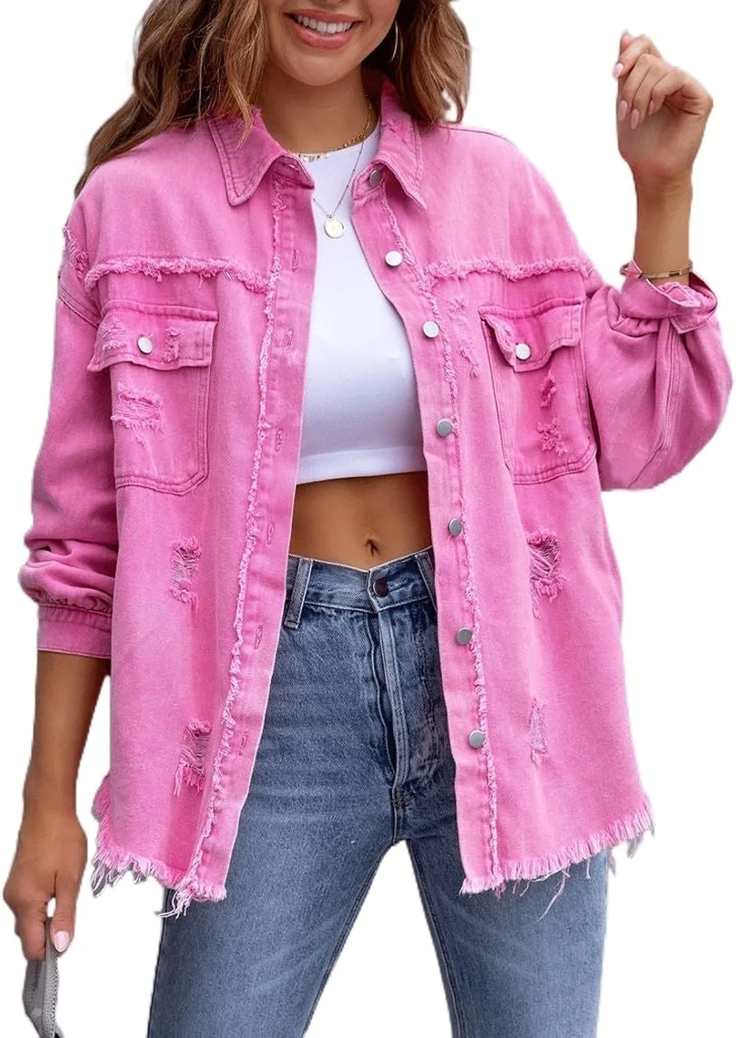 کت جین زنانه Awoyep، کت جین آستین بلند گشاد با طراحی مد روز و پاره، کت جین پایه و غیر رسمی با شستشوی بلند