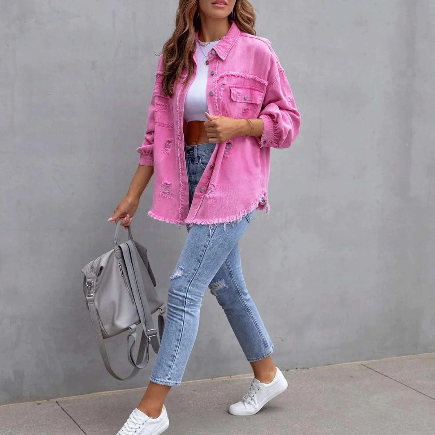 کت جین زنانه Awoyep، کت جین آستین بلند گشاد با طراحی مد روز و پاره، کت جین پایه و غیر رسمی با شستشوی بلند