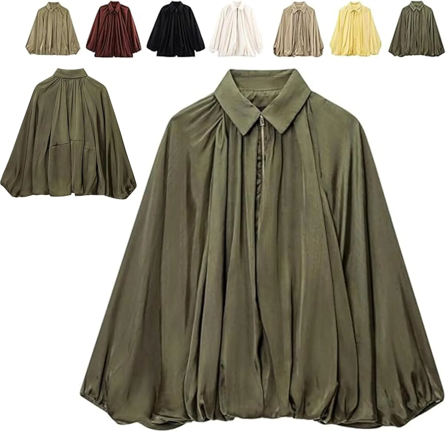 کت آستین خفاشی زنانه، پیراهن زیپ دار جلو یقه برگردان آستین بادکنکی، کت های خیابانی پلیسه دار سایز بزرگ