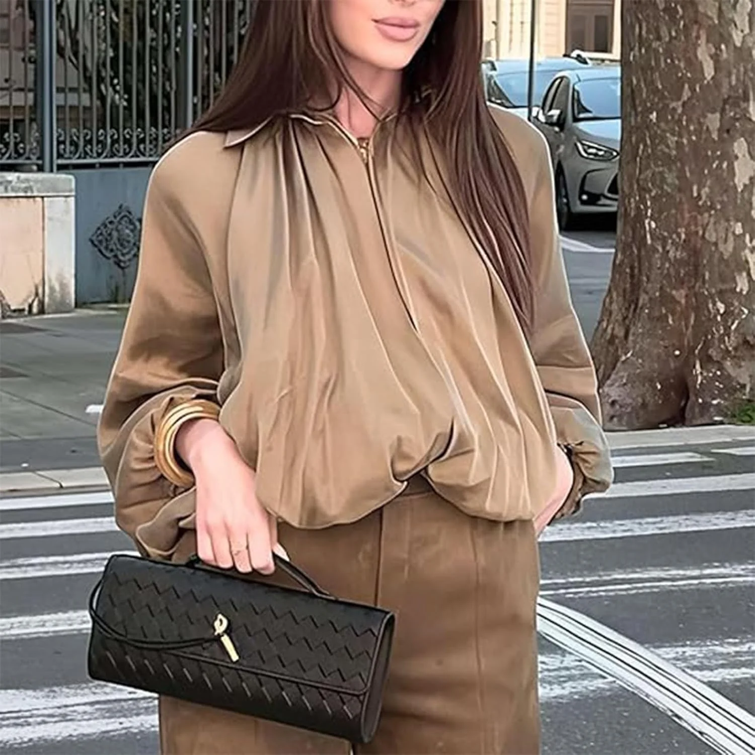 کت آستین خفاشی زنانه، پیراهن زیپ دار جلو یقه برگردان آستین بادکنکی، کت های خیابانی پلیسه دار سایز بزرگ کت آستین خفاشی زنانه، پیراهن زیپ دار جلو یقه برگردان آستین بادکنکی، کت های خیابانی پلیسه دار سایز بزرگ