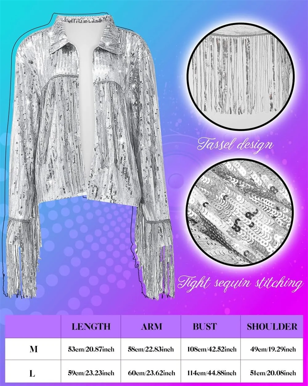 کت پولکدار نقرهای ریشدار زنانه Azonee با اکسسوریهای کامل دیسکو، سبک توپ دیسکویی آینهای بازتابنده برای مهمانیها کت پولکدار نقرهای ریشدار زنانه Azonee با اکسسوریهای کامل دیسکو، سبک توپ دیسکویی آینهای بازتابنده برای مهمانیها