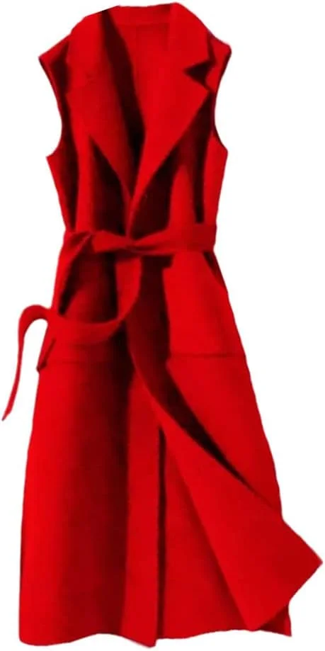 کت و شلوار پشمی زمستانی پاییزه جلیقه بلند بدون آستین زنانه جلیقه پشمی جیب های باریک با کمربند