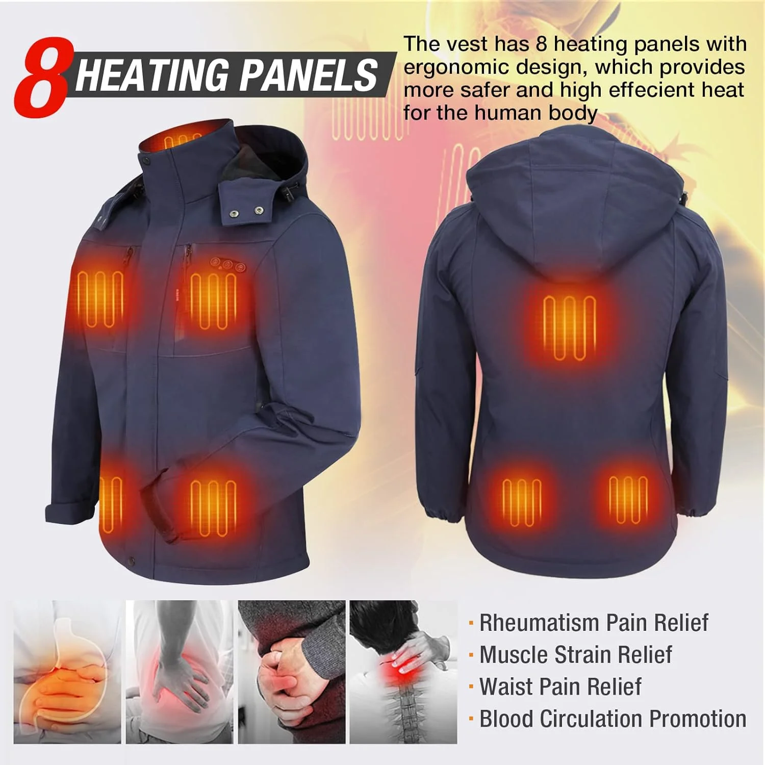 کت گرم شونده زنانه ARRIS، کت گرم برقی ضد آب با باتری 7.4 ولت و 8 ناحیه گرمایشی و شارژ تلفن برای استفاده در زمستان، آبی، S