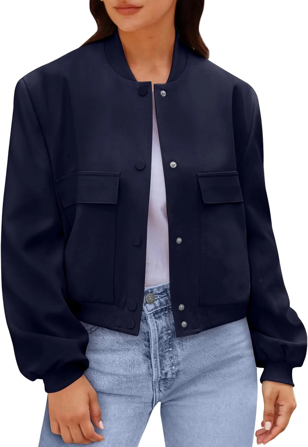 کت بمبر زنانه AUTOMET، کوتاه، دکمه دار، رنگ ثابت، ژاکت ورزشی با جیب کت بمبر زنانه AUTOMET، کوتاه، دکمه دار، رنگ ثابت، ژاکت ورزشی با جیب