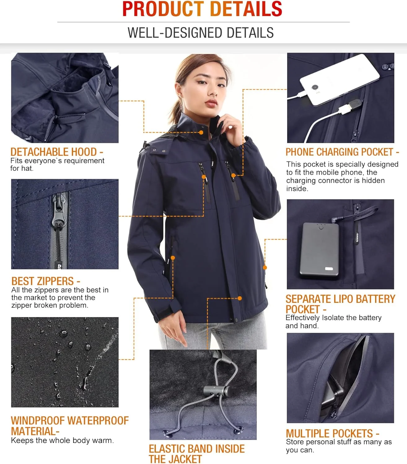 کت گرم شونده زنانه ARRIS، کت گرم برقی ضد آب با باتری 7.4 ولت و 8 ناحیه گرمایشی و شارژ تلفن برای استفاده در زمستان، آبی، S