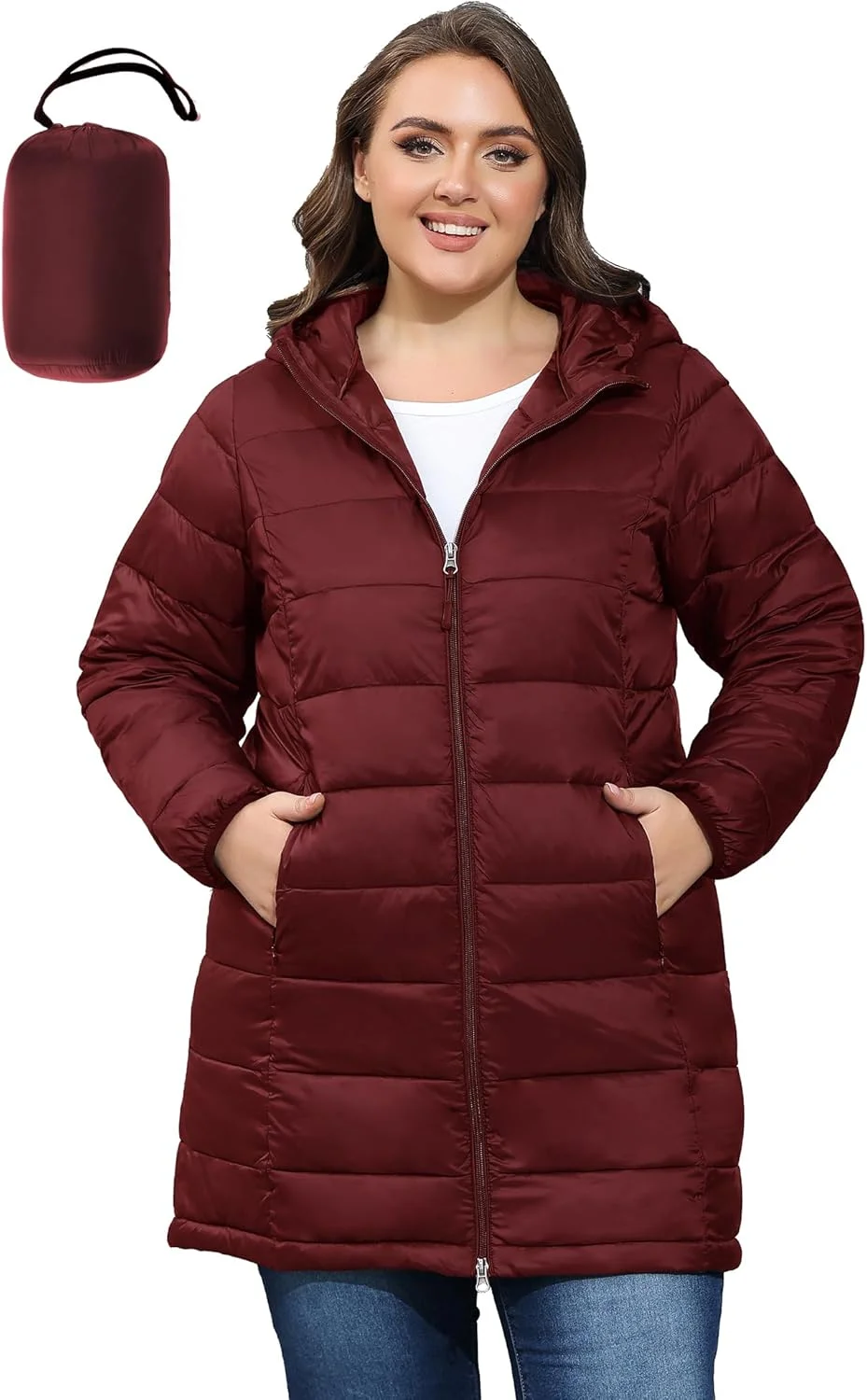 کت پفی زنانه قابل جمع شدن ANOTHER CHOICE، کت لحافی سبک وزن کلاه دار (سایز بزرگ 1X-6X)