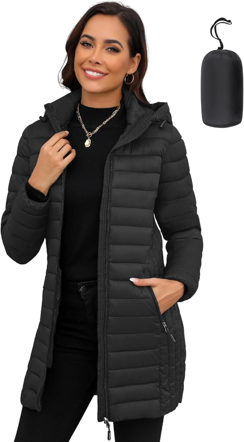 کت پفی فوق سبک زنانه ANOTHER CHOICE، کت پفی زمستانی با کلاه جداشدنی و پنل کشسان