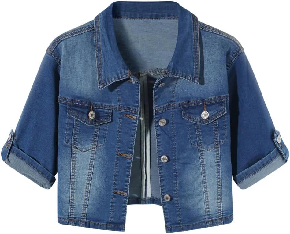 کت جین آستین کوتاه زنانه BlueFire2015، دکمه دار، شال، کشی