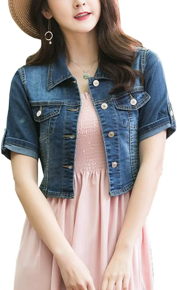 کت جین آستین کوتاه زنانه BlueFire2015، دکمه دار، شال، کشی