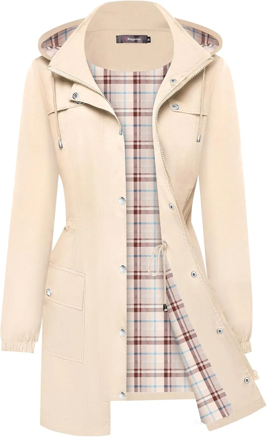 بارانی ضد آب زنانه بلاگرلاو، کت بارانی سبک وزن، بادگیر بلند طرح دار با آستر چهارخانه و کلاه سایز S-XXL