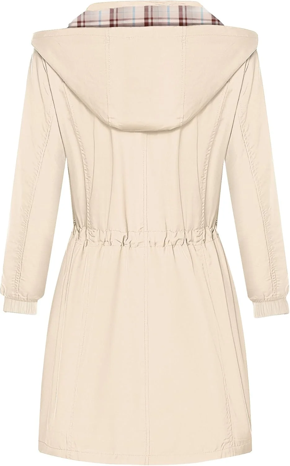 بارانی ضد آب زنانه بلاگرلاو، کت بارانی سبک وزن، بادگیر بلند طرح دار با آستر چهارخانه و کلاه سایز S-XXL