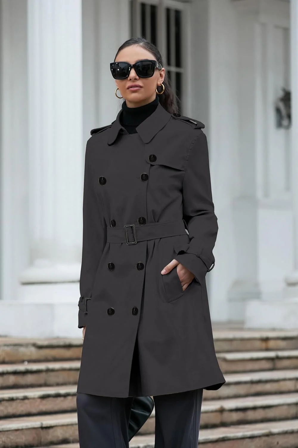 بارانی زنانه بتوس‌لاین، ضدآب، دکمه دوبل، کلاسیک، کت بادگیر یقه برگردان، پالتو بلند کمربنددار، خاکستری تیره، سایز ایکس‌لارج