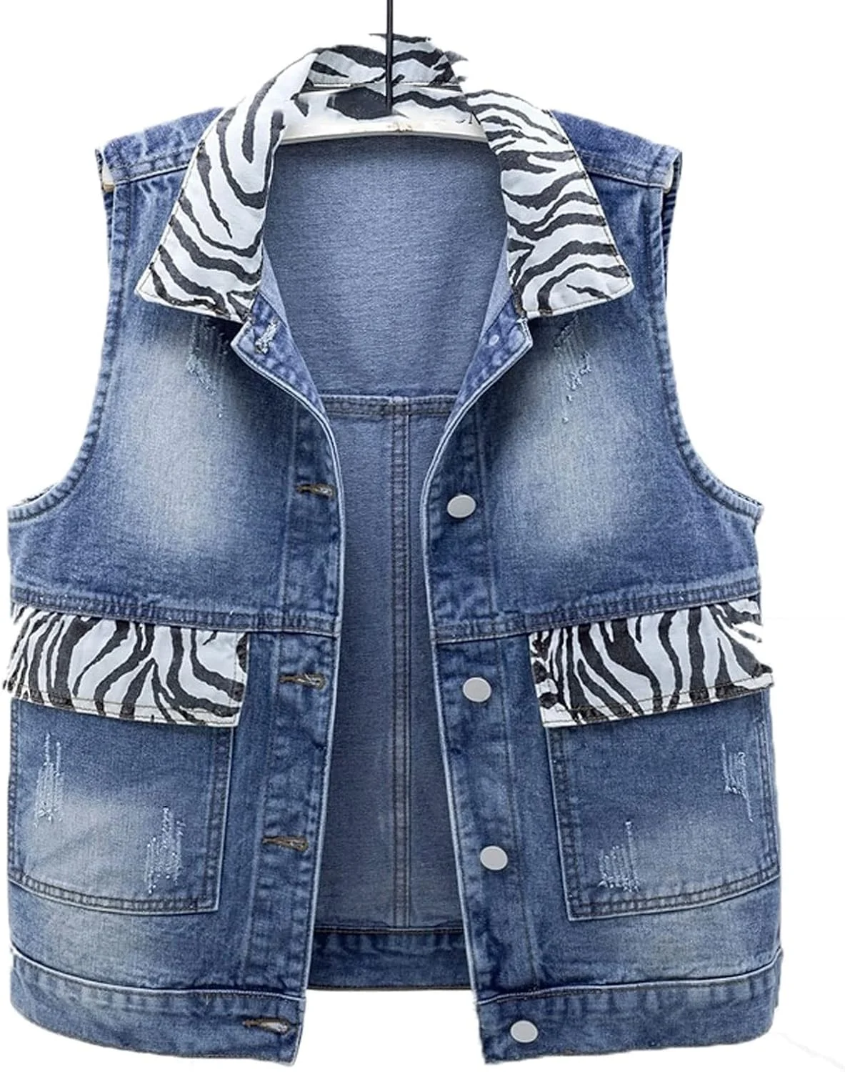 جلیقه جین کوتاه زنانه BEDPET با جیب بزرگ، طرح گورخری و وصله دوزی