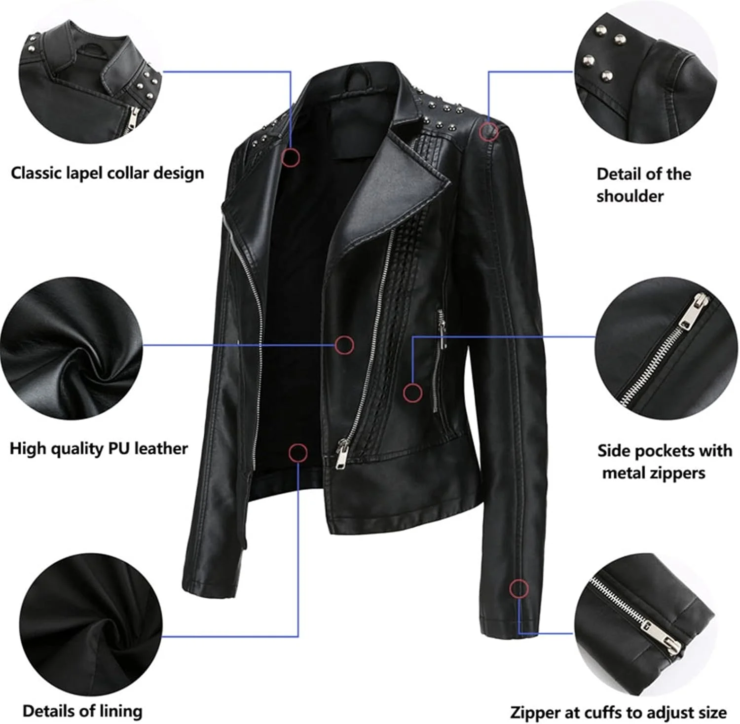 کت چرمی زنانه BEDPET، کت چرمی مصنوعی بهاره و پاییزه، کت باریک غیر رسمی، لباس زنانه، پرچ زنانه، لباس بیرونی زنانه (سایز: M)