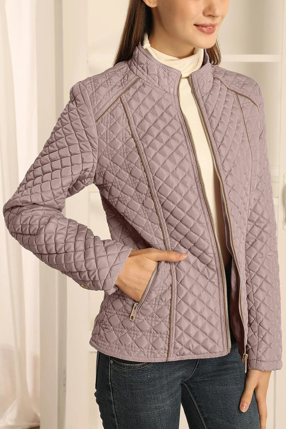 کاپشن انتقالی زنانه BELLIVERA، کاپشن لحافی سبک وزن، کت پفی گرم کوتاه زمستانی با الیاف پنبه ای و ضد آب