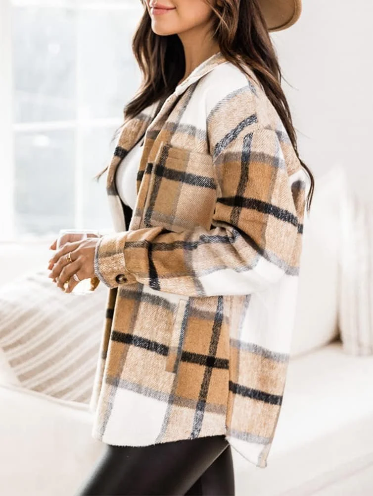 شکت زنانه Beaully طرح چهارخانه پشمی، آستین بلند، دکمه دار، مناسب برای کت و ژاکت به همراه جیب های کناری