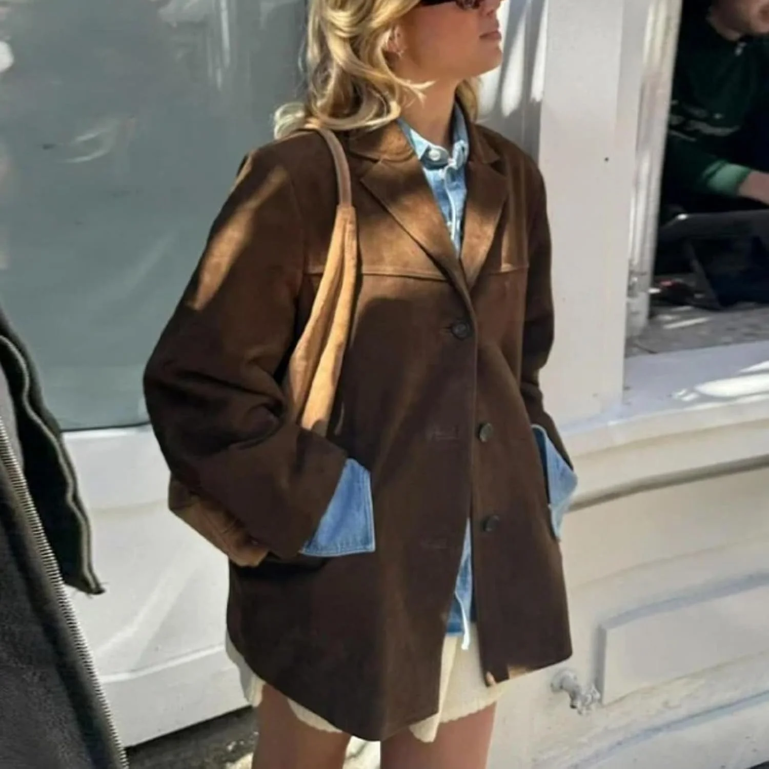 کت زنانه جیر قهوه ای Buzoh - کت بلیزر جیر مصنوعی Y2K استایل وینتیج پولدارها اورسایز