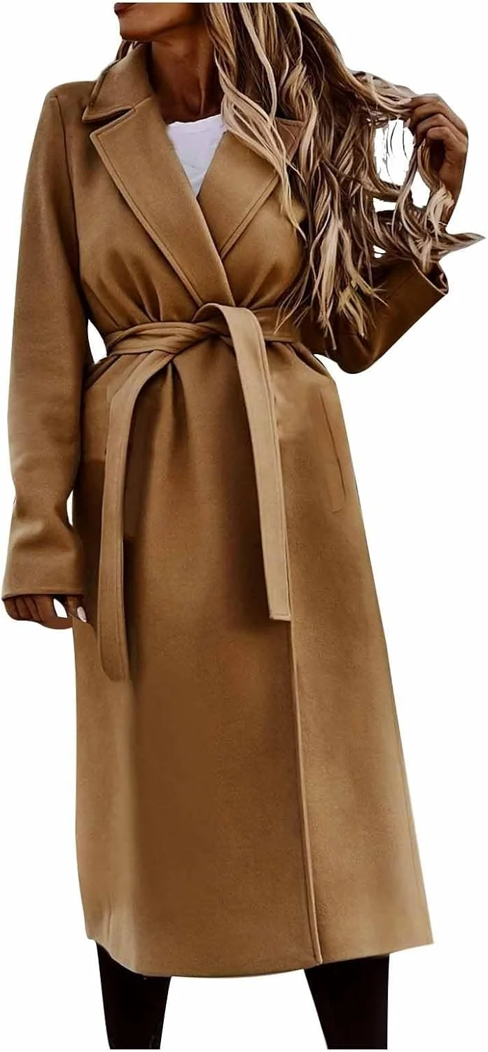 بارانی زنانه BOXIACEY مدل 2024، ترکیب پشم، کت بلند نخودی، یقه برگردان، ژاکت پشمی تک رنگ با کمربند