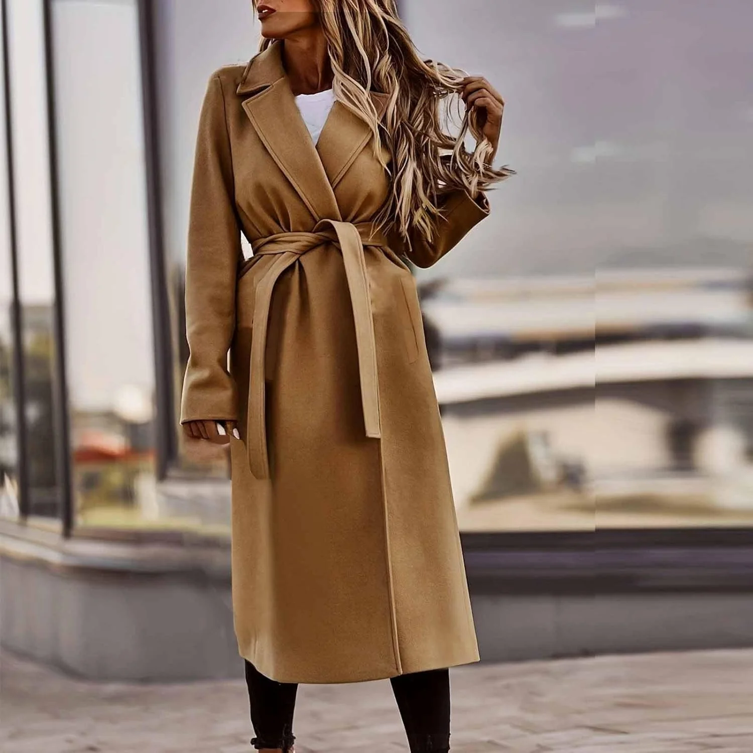 بارانی زنانه BOXIACEY مدل 2024، ترکیب پشم، کت بلند نخودی، یقه برگردان، ژاکت پشمی تک رنگ با کمربند