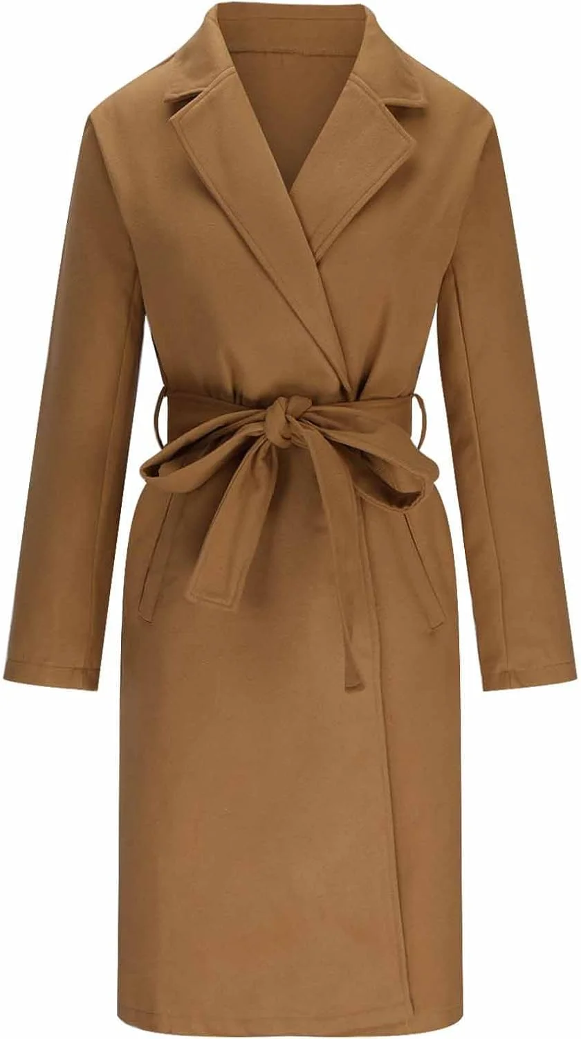 بارانی زنانه BOXIACEY مدل 2024، ترکیب پشم، کت بلند نخودی، یقه برگردان، ژاکت پشمی تک رنگ با کمربند