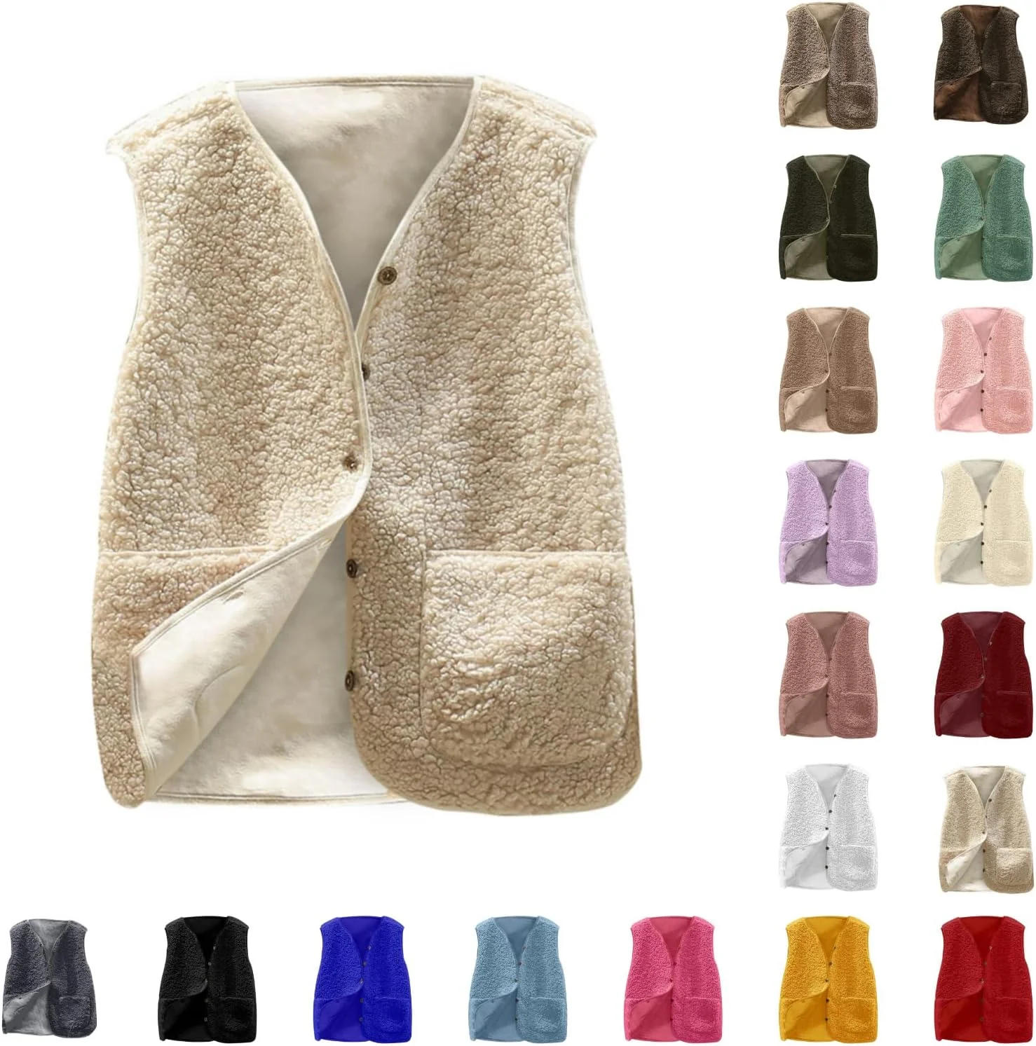 جلیقه شرپا زنانه BOXIACEY، جلیقه دکمه دار بدون آستین، جلیقه پشمی فازی، ژاکت، جلیقه های بزرگ با جیب