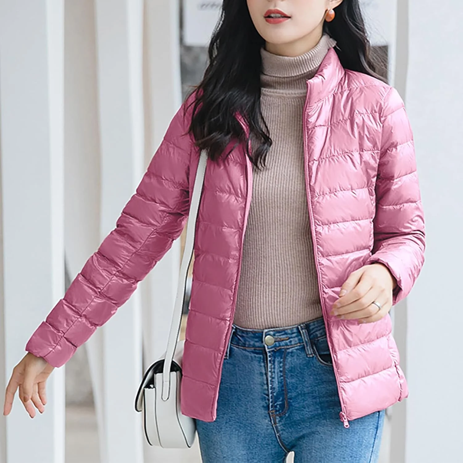 کاپشن های زمستانی BOXIACEY برای زنان، کاپشن های پفی جمع شدنی یکدست، پارکا های گرم، یقه ایستاده، آستین بلند، لباس بیرونی با جیب