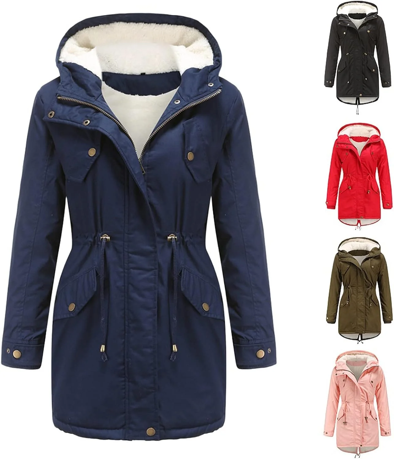 BEABAG کاپشن زمستانی زنانه کلاه دار، ژاکت زنانه، ژاکت زنانه کلاه دار با جیب های بند کشی، پشم گوسفند ضخیم، لباس بیرونی گرم، کت های زنانه لایه دار (رنگ: قرمز، سایز: ایکس لارج)