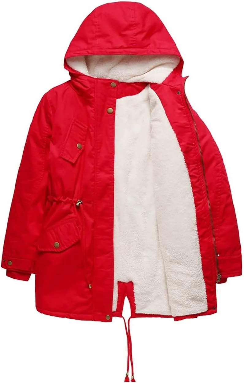 BEABAG کاپشن زمستانی زنانه کلاه دار، ژاکت زنانه، ژاکت زنانه کلاه دار با جیب های بند کشی، پشم گوسفند ضخیم، لباس بیرونی گرم، کت های زنانه لایه دار (رنگ: قرمز، سایز: ایکس لارج)