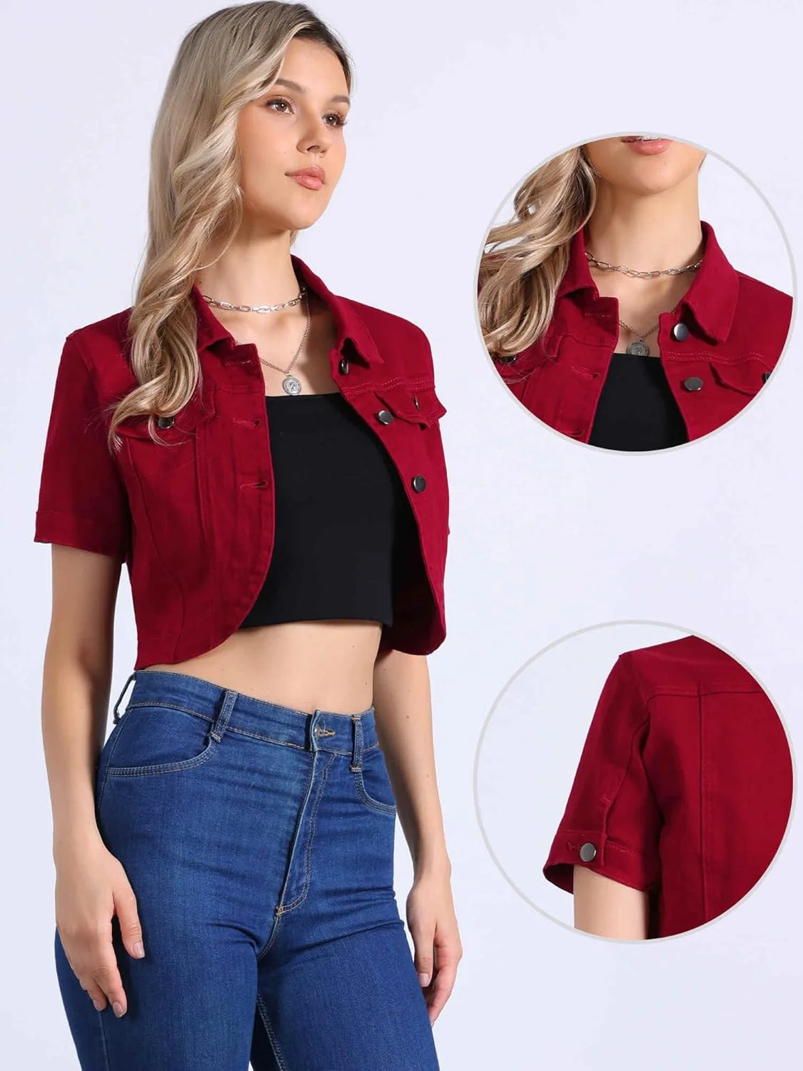 کت جین زنانه الگریا کا، کت جین سبک وزن انتقالی، یقه برگردان، آستین کوتاه، کت جین کوتاه