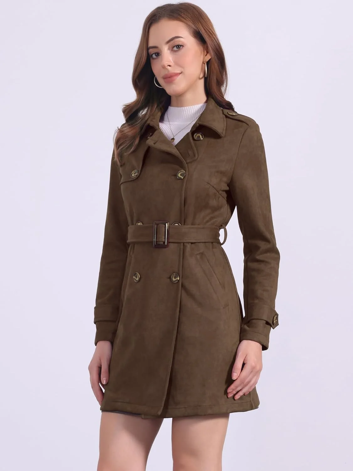 الگرا کا کت زنانه فو چرم جیر یقه برگردان دار دکمه دوبل با کمربند سایز ایکس اسمال قهوه ای