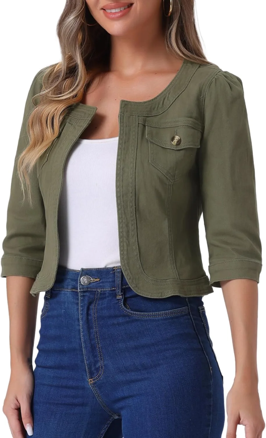 کت جین کوتاه زنانه Allegra K، یقه گرد، آستین سه ربع