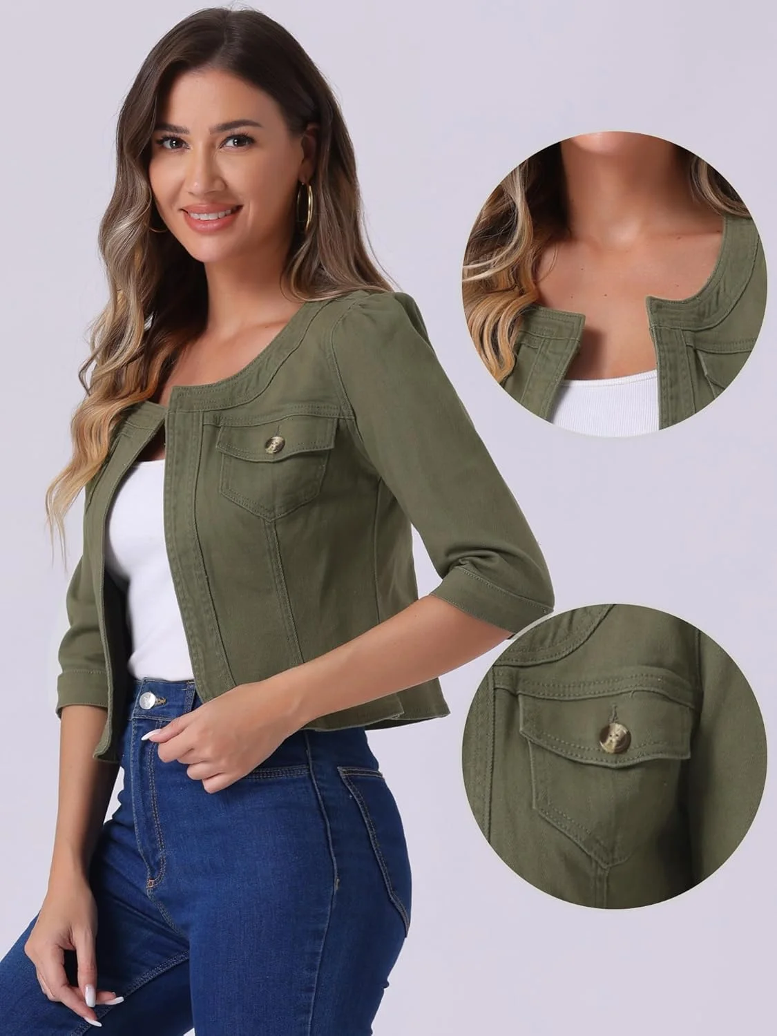 کت جین کوتاه زنانه Allegra K، یقه گرد، آستین سه ربع کت جین کوتاه زنانه Allegra K، یقه گرد، آستین سه ربع