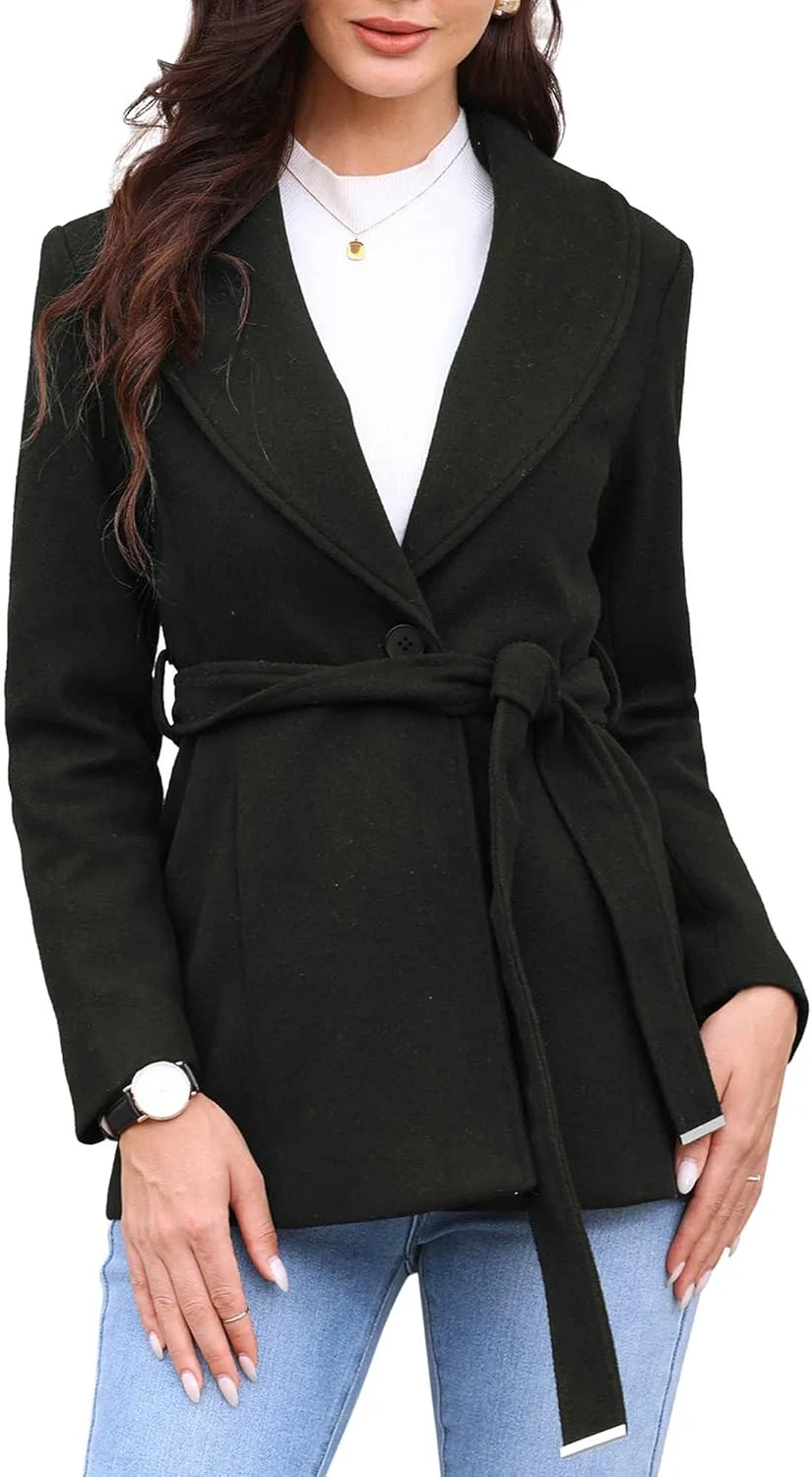 کت تک سینه زنانه Allegra K، یقه شال، مدل A، لباس بیرونی، ژاکت زمستانی، کت نخود فرنگی، کت ترنچ با کمربند