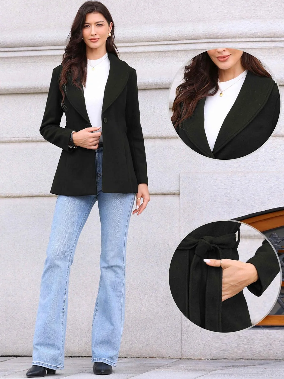 کت تک سینه زنانه Allegra K، یقه شال، مدل A، لباس بیرونی، ژاکت زمستانی، کت نخود فرنگی، کت ترنچ با کمربند