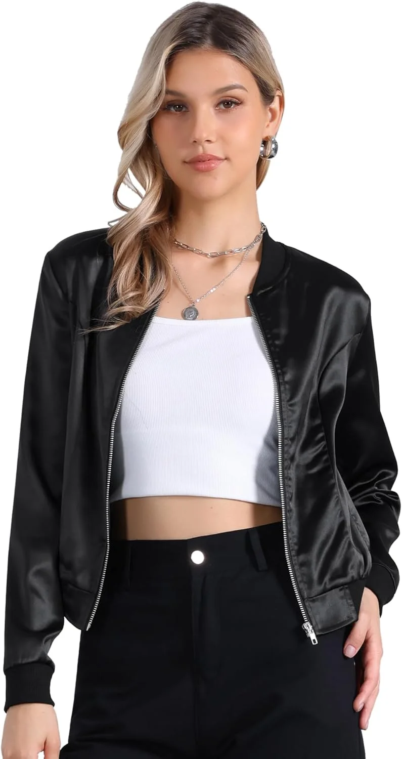 کاپشن خلبانی زنانه Allegra K، آستین بلند ساتن، زیپ دار، طرح گلدار، کت غیر رسمی پاییزی با جیب، لباس بیرونی زمستانی