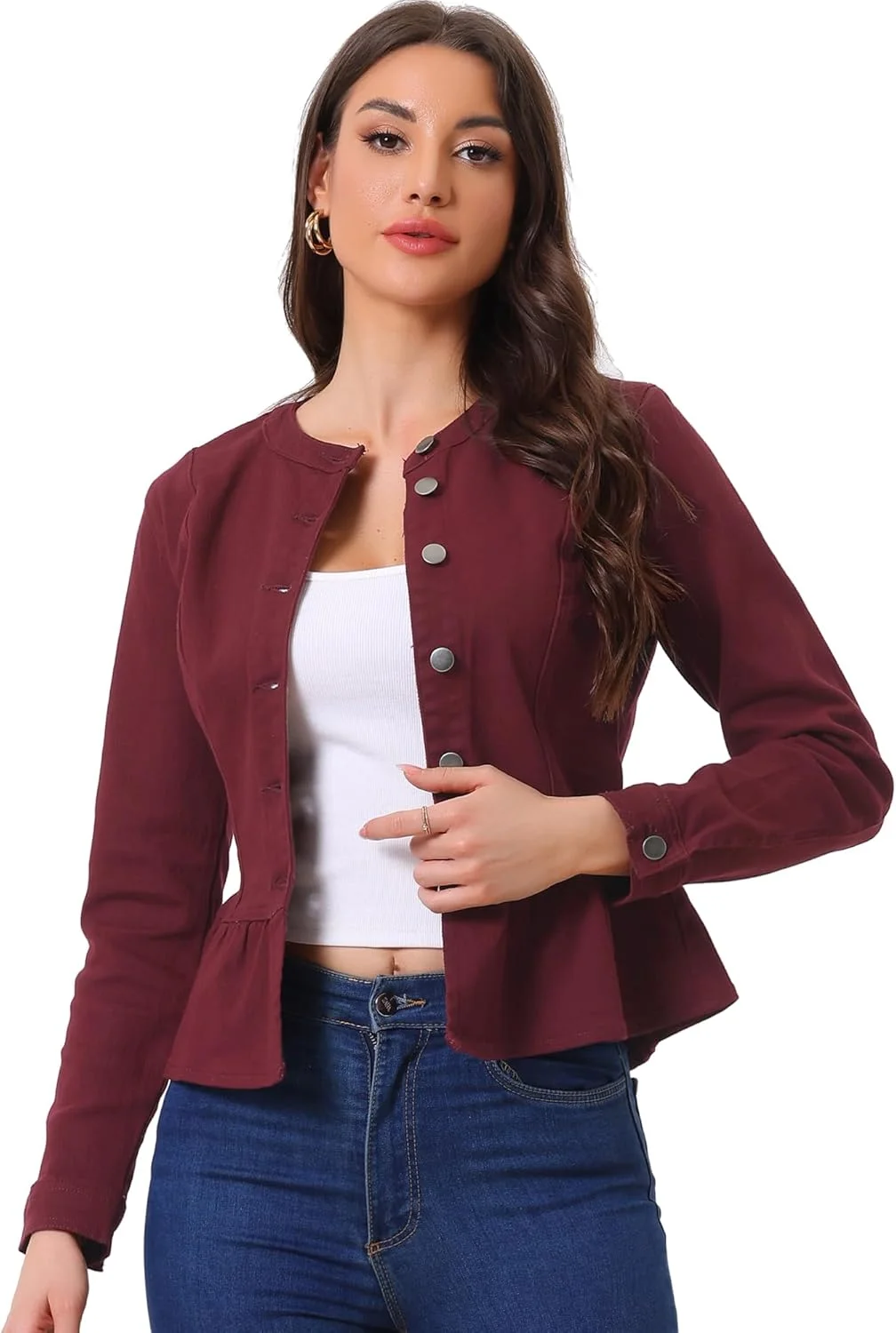 کت جین زنانه الگرا کا، یقه گرد، دکمه دار، آستین بلند، مدل کوتاه و پپلوم چین دار