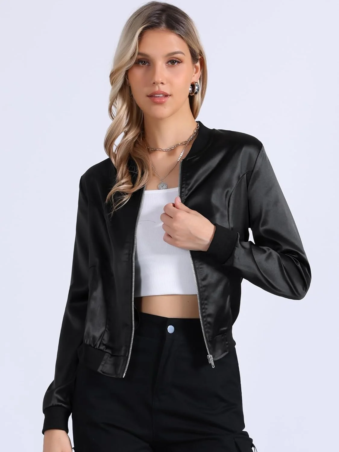 کاپشن خلبانی زنانه Allegra K، آستین بلند ساتن، زیپ دار، طرح گلدار، کت غیر رسمی پاییزی با جیب، لباس بیرونی زمستانی