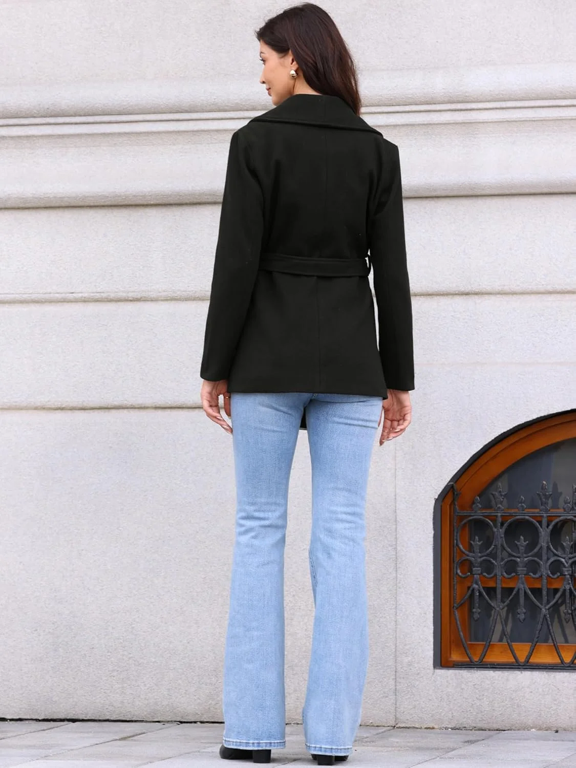 کت تک سینه زنانه Allegra K، یقه شال، مدل A، لباس بیرونی، ژاکت زمستانی، کت نخود فرنگی، کت ترنچ با کمربند