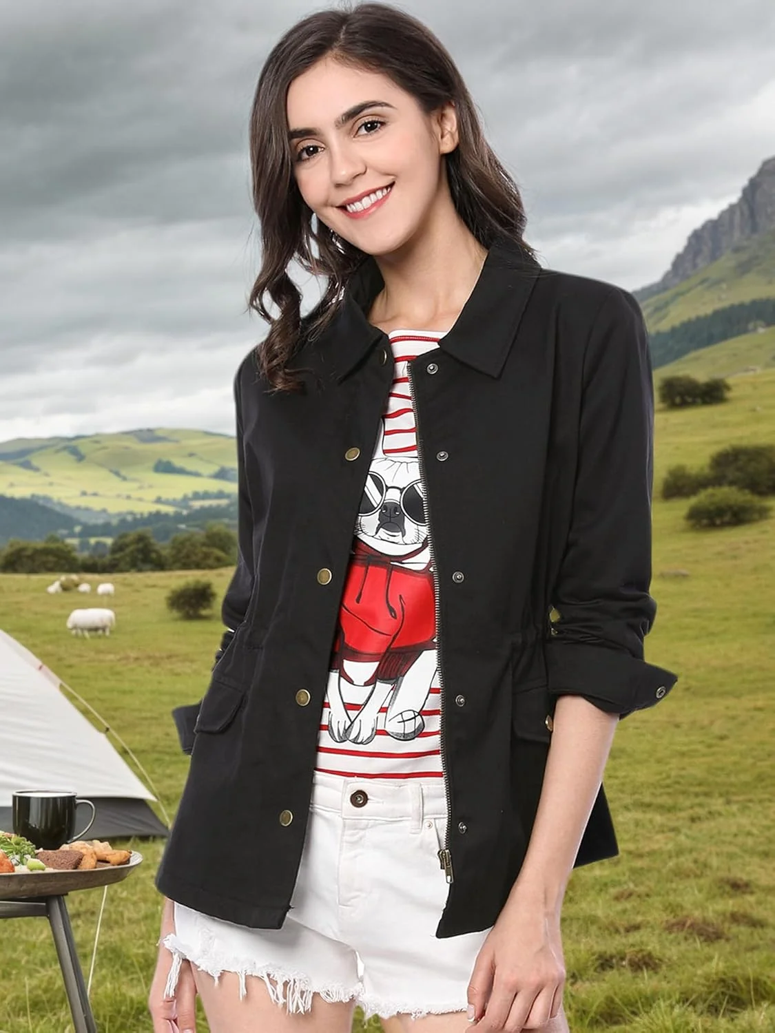 کت ترنچ زنانه Allegra K با یقه برگردان، زیپ و بند کشی