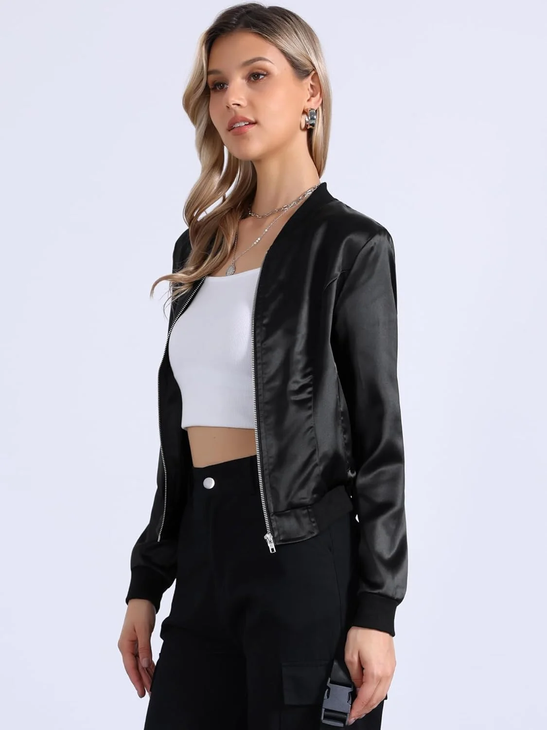 کاپشن خلبانی زنانه Allegra K، آستین بلند ساتن، زیپ دار، طرح گلدار، کت غیر رسمی پاییزی با جیب، لباس بیرونی زمستانی